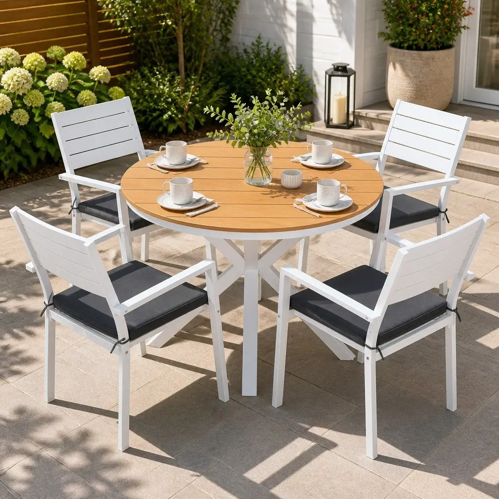 Outdoor Dining Set with Round Table and Stackable Chairs