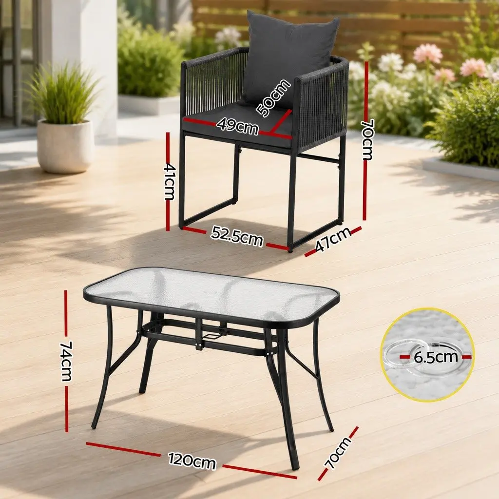 5 Piece Outdoor Dining Set Steel Glass Table Black Rope Chairs