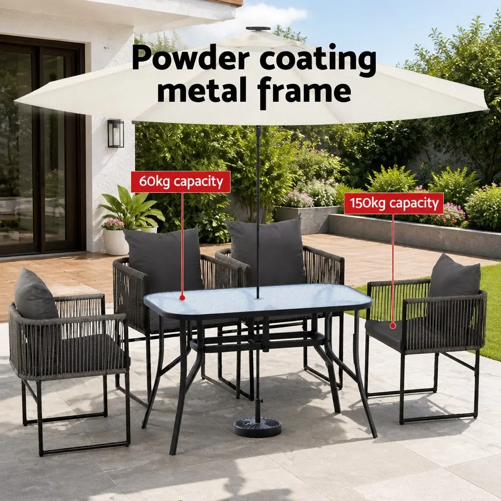 5 Piece Outdoor Dining Set Steel Glass Table Black Rope Chairs