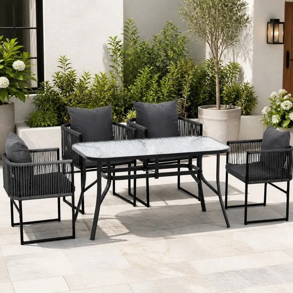 5 Piece Outdoor Dining Set Tempered Glass Black Table with Parasol Hole and Stackable Chairs Weather Resistant Synthetic Fabric