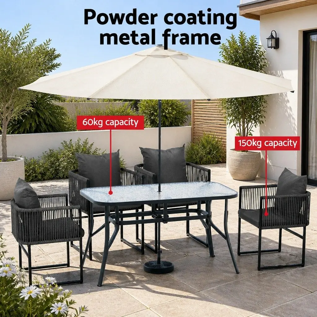 5 Piece Outdoor Dining Set Tempered Glass Black Table with Parasol Hole and Stackable Chairs Weather Resistant Synthetic Fabric
