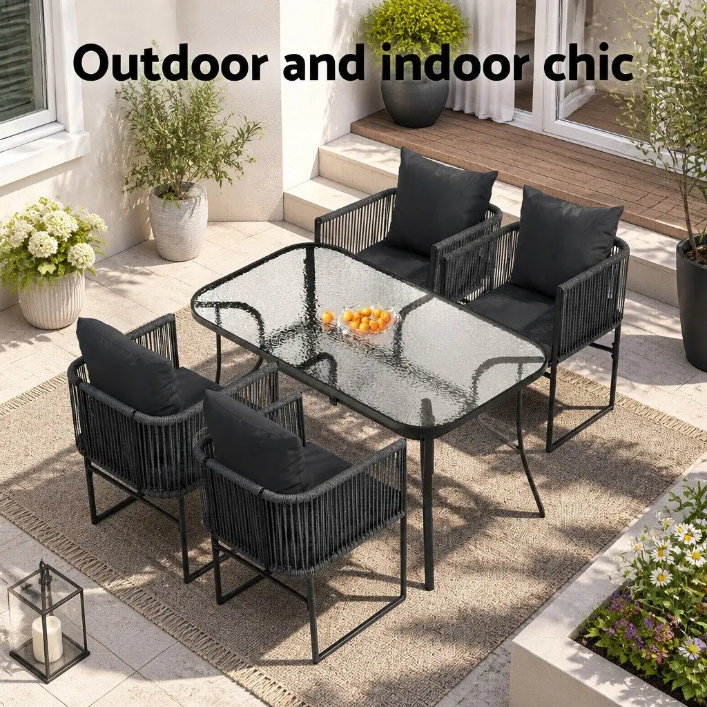 5 Piece Outdoor Dining Set Tempered Glass Black Table with Parasol Hole and Stackable Chairs Weather Resistant Synthetic Fabric