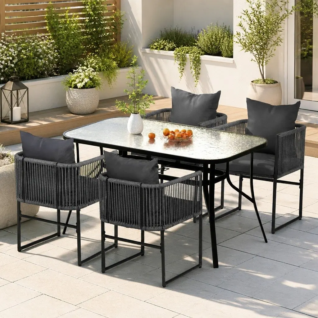 5 Piece Outdoor Dining Set Tempered Glass Black Table with Parasol Hole and Stackable Chairs Weather Resistant Synthetic Fabric