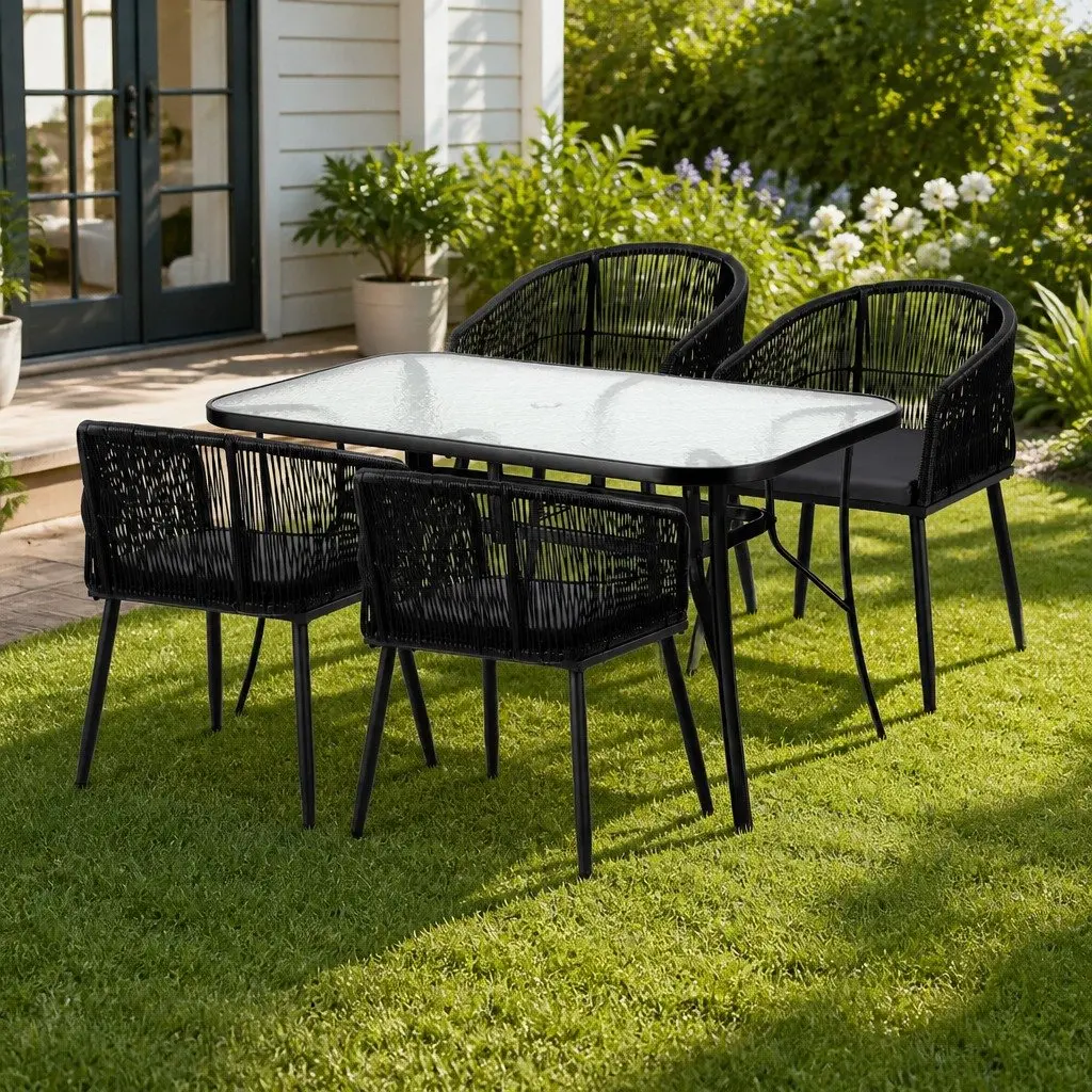 Outdoor Dining Set Black Tempered Glass 5 Piece Table Chairs Garden Patio Furniture