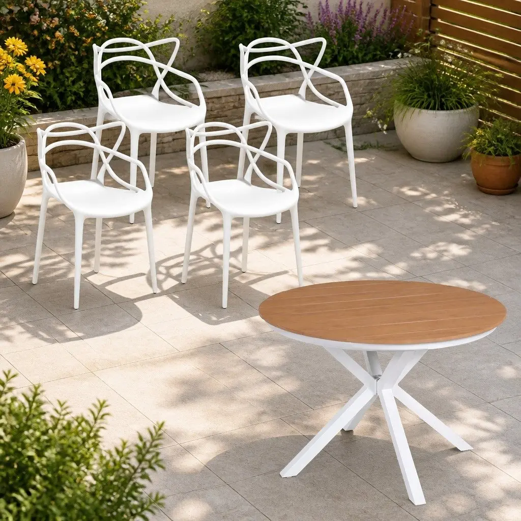 5 Piece Outdoor Dining Set with White Table and Chairs