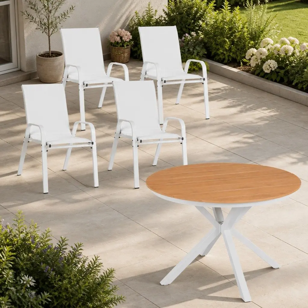 7 Piece Outdoor Dining Set WPC Table Aluminium Alloy Steel Chairs White