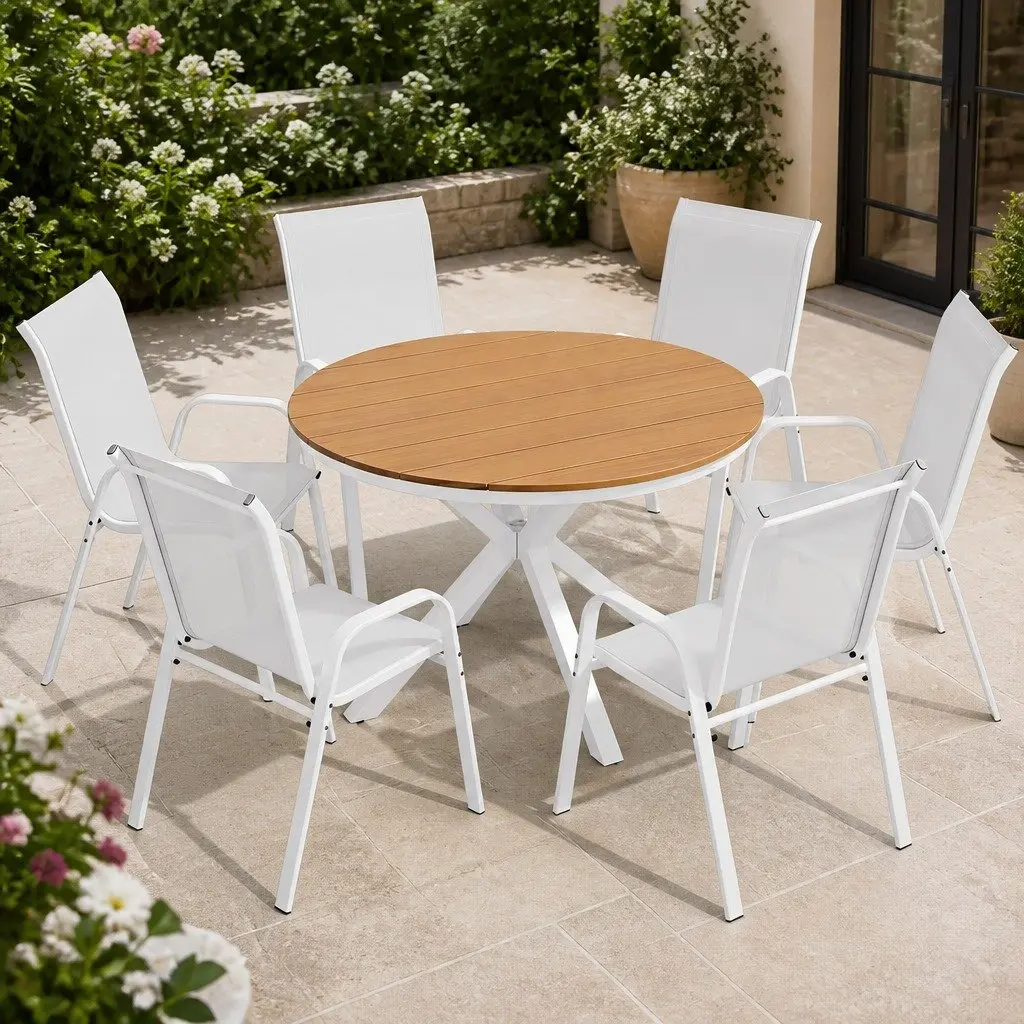 7 Piece Outdoor Dining Set WPC Table Aluminium Alloy Steel Chairs White