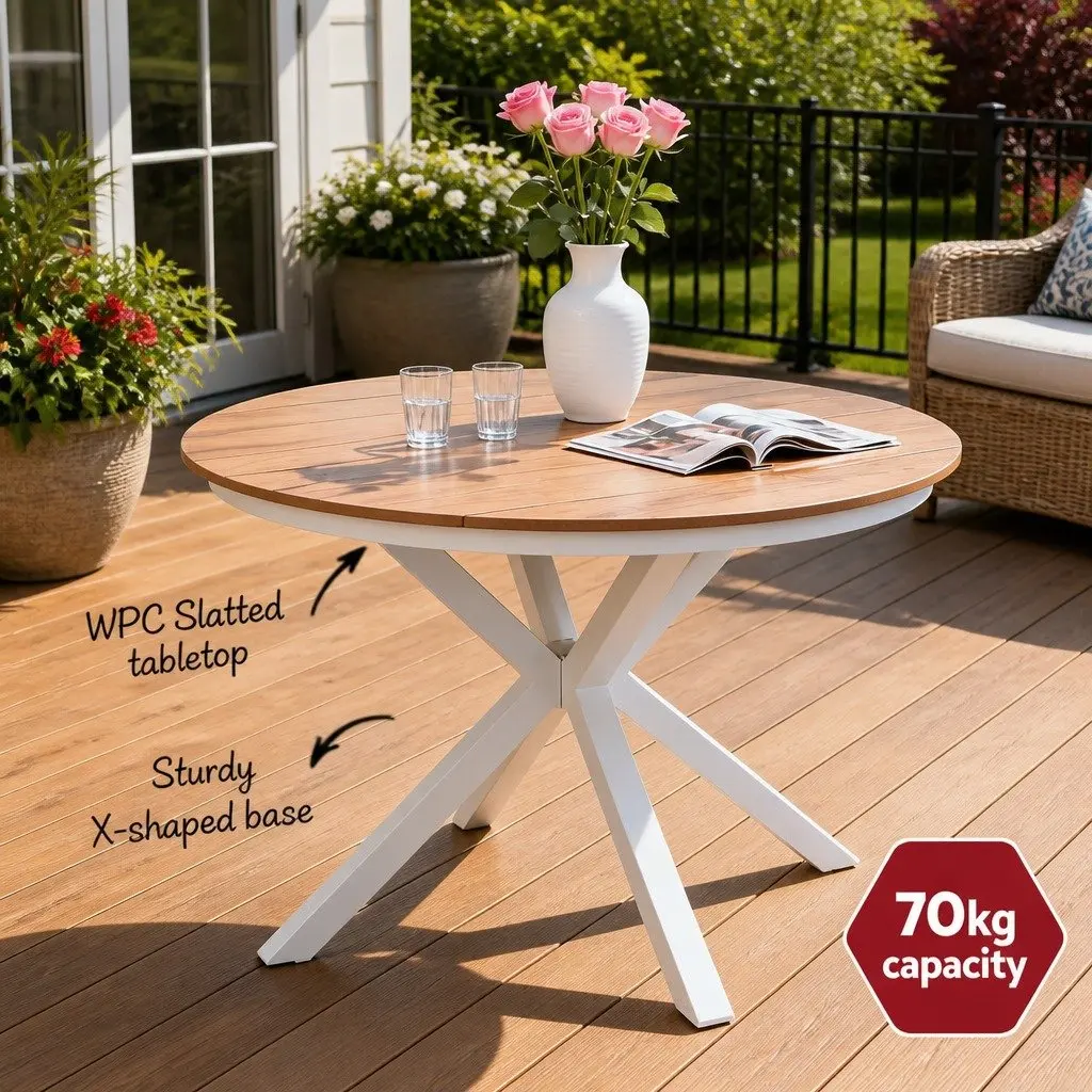 Round Dining Table WPC Top 108CM White Aluminum Frame