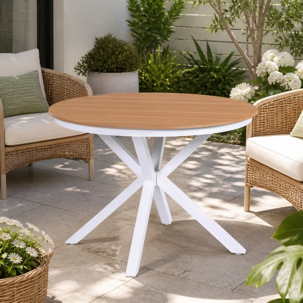 Round Dining Table WPC Top 108CM White Aluminum Frame