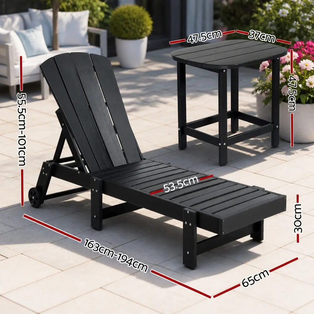 3 Piece Outdoor Lounger Set HDPE Adjustable Chaise Lounger Black