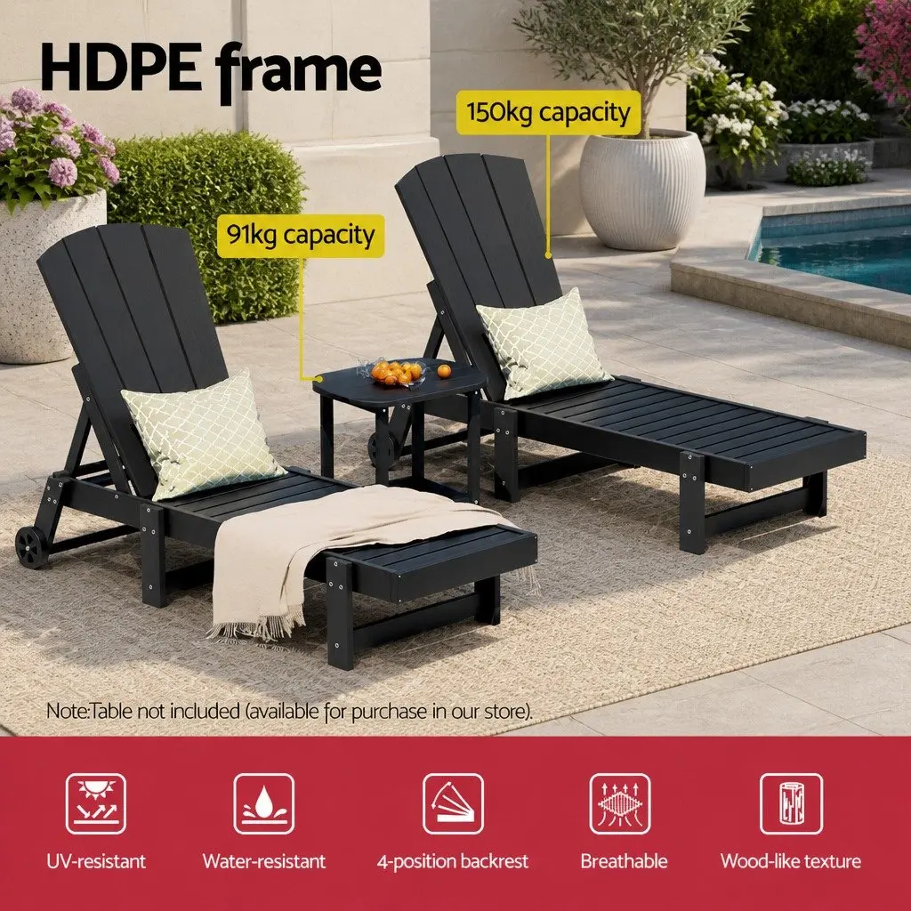 3 Piece Outdoor Lounger Set HDPE Adjustable Chaise Lounger Black