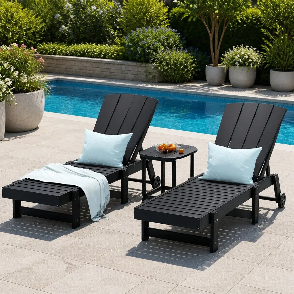 3 Piece Outdoor Lounger Set HDPE Adjustable Chaise Lounger Black