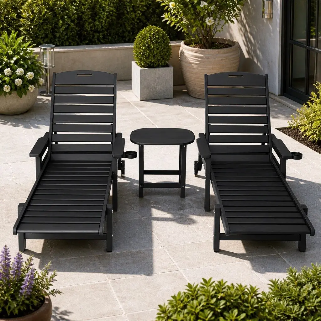 Sun Lounge Chair HDPE 2-Piece Set Adjustable Reclining Black