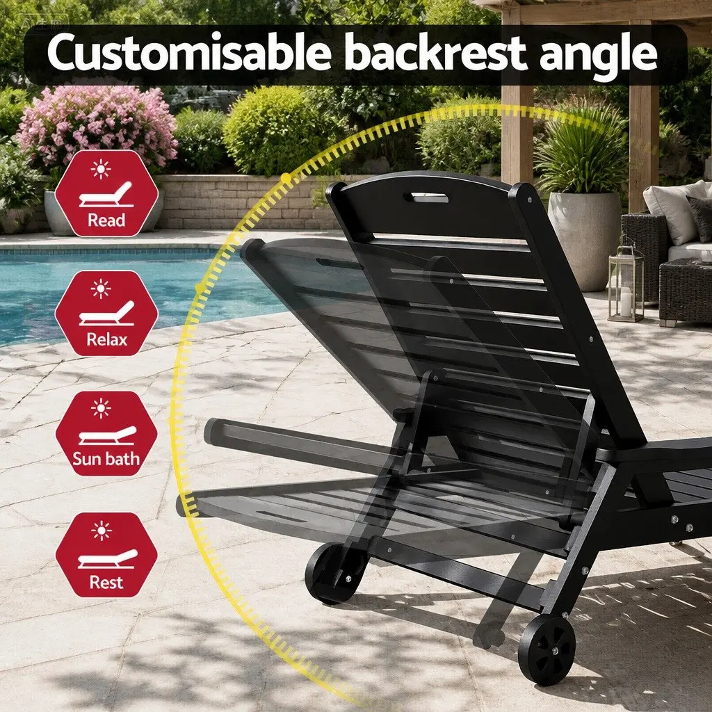 Sun Lounge Chair HDPE 2-Piece Set Adjustable Reclining Black