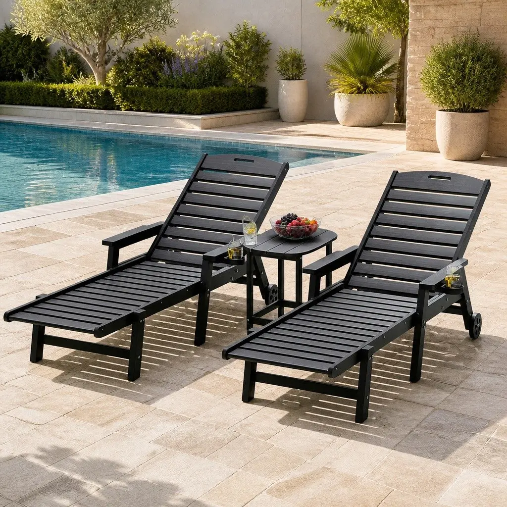 Sun Lounge Chair HDPE 2-Piece Set Adjustable Reclining Black