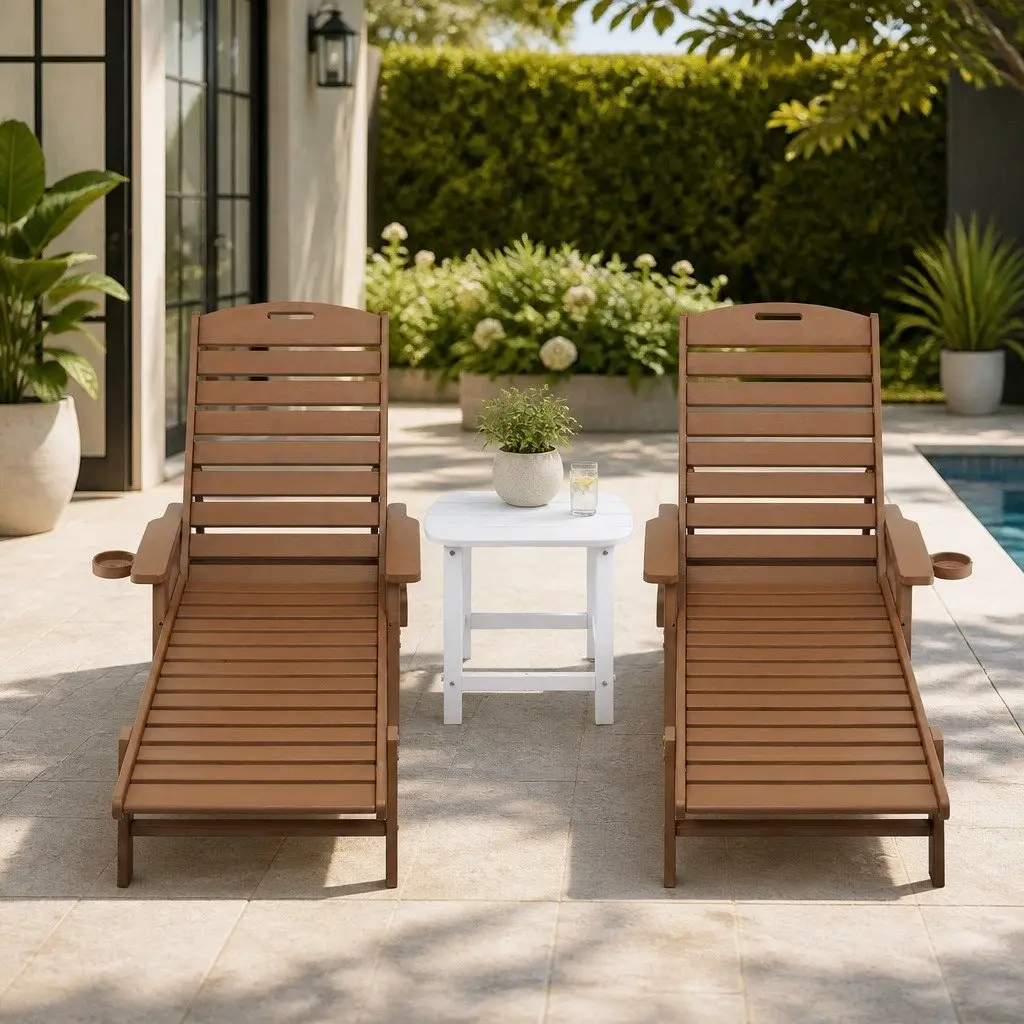 Outdoor Lounge Chair Set HDPE Brown Adjustable Chaise Lounger with Side Table