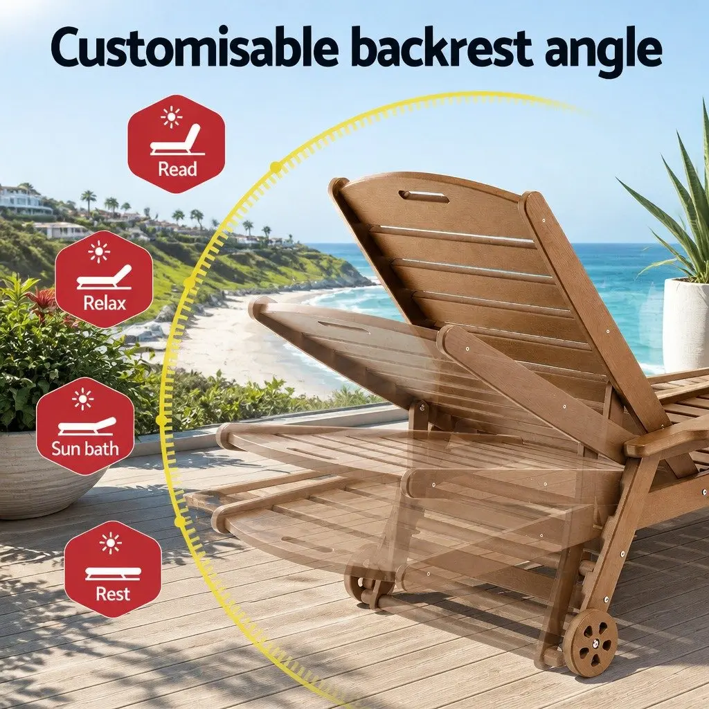 Outdoor Lounge Chair Set HDPE Brown Adjustable Chaise Lounger with Side Table
