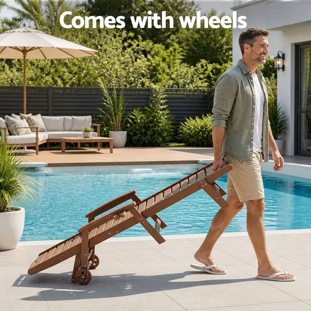 Outdoor Lounge Chair Set HDPE Brown Adjustable Chaise Lounger with Side Table