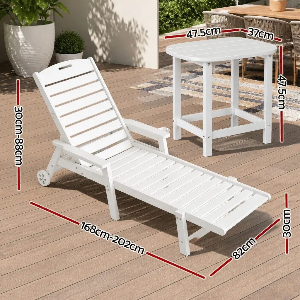 Outdoor Sun Lounge Chair HDPE Adjustable Reclining White 3 Piece Set