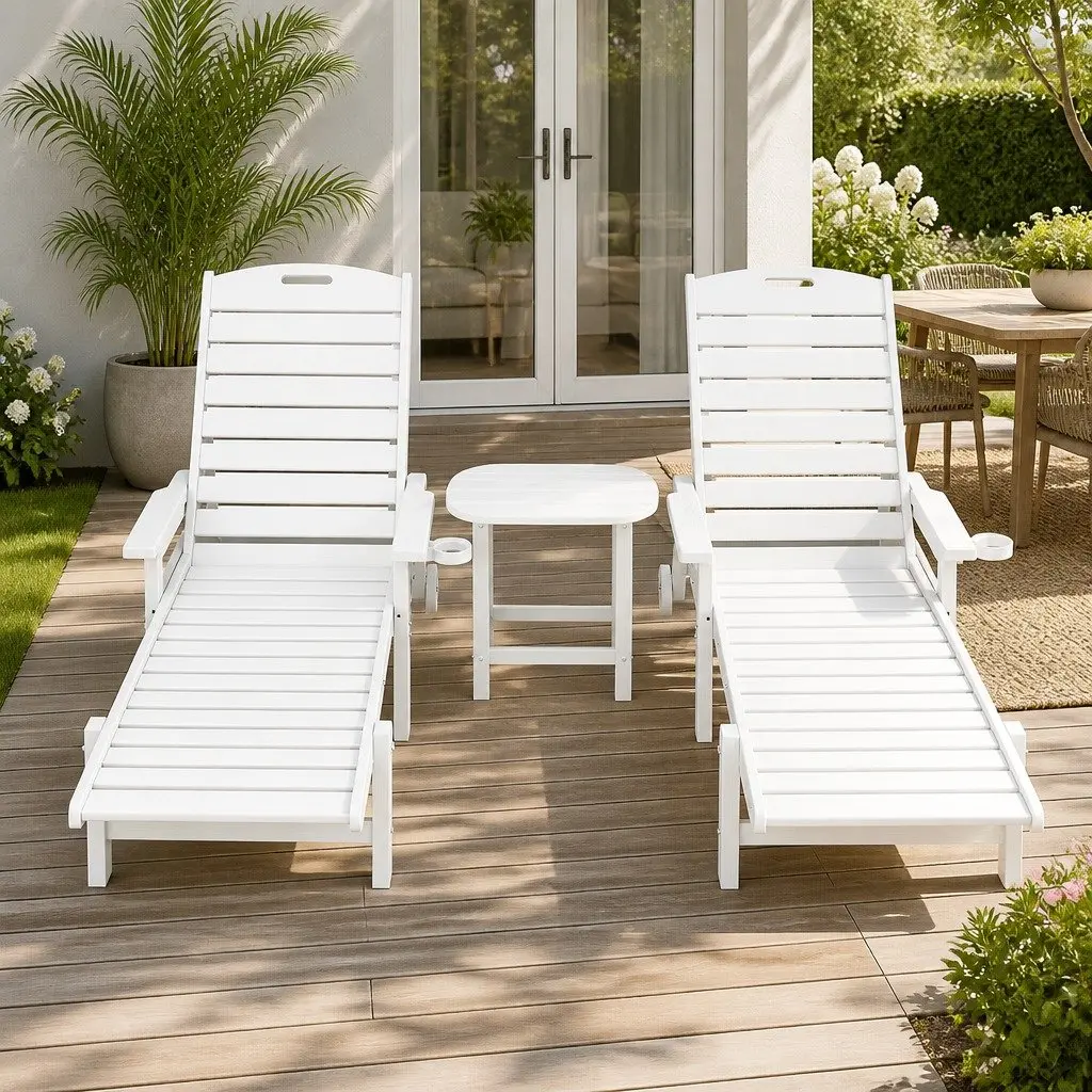 Outdoor Sun Lounge Chair HDPE Adjustable Reclining White 3 Piece Set