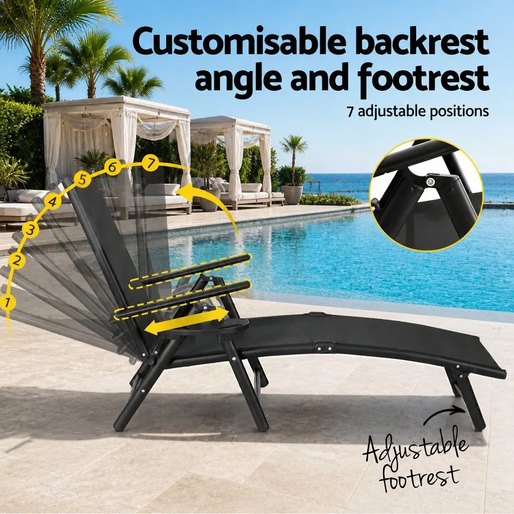 Outdoor Sun Lounger Aluminium Frame Textilene Fabric Adjustable Backrest Black