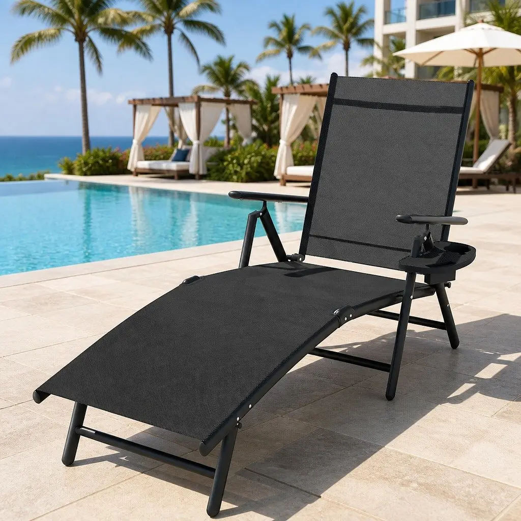 Outdoor Sun Lounger Aluminium Frame Textilene Fabric Adjustable Backrest Black