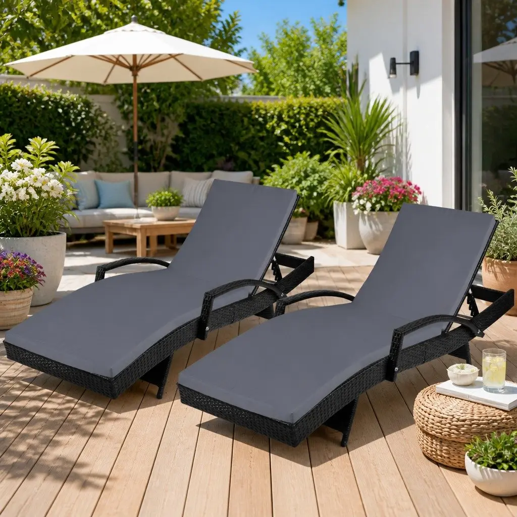 Sun Lounge Wicker Lounger Aluminium 190cm Black Grey 2PC Outdoor Furniture