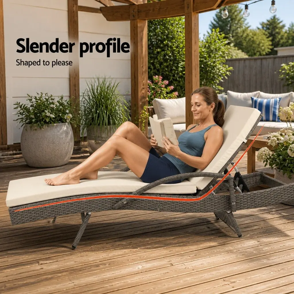 Sun Lounge Chair Aluminium PE Wicker 2PC Adjustable Backrest Grey Beige