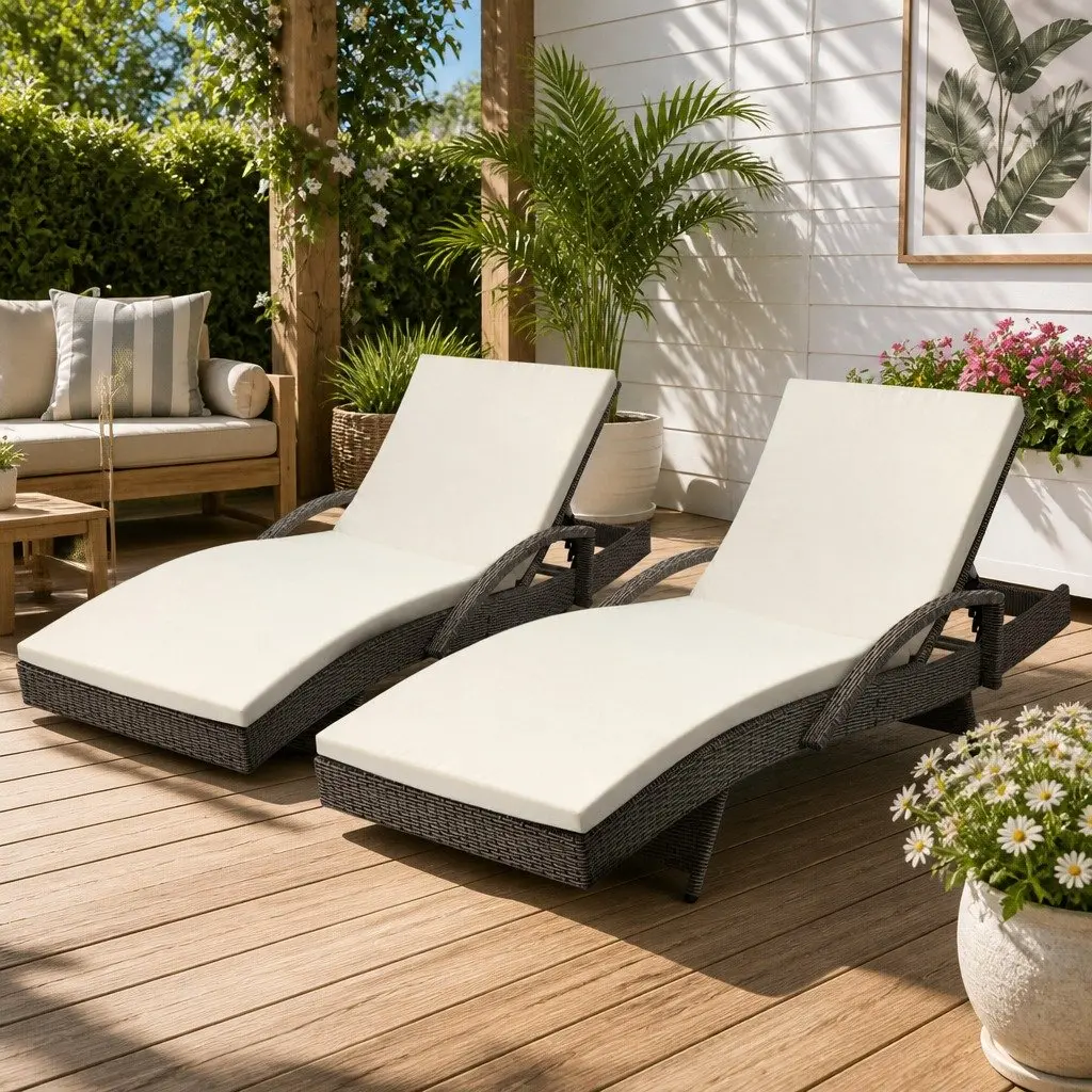 Sun Lounge Chair Aluminium PE Wicker 2PC Adjustable Backrest Grey Beige