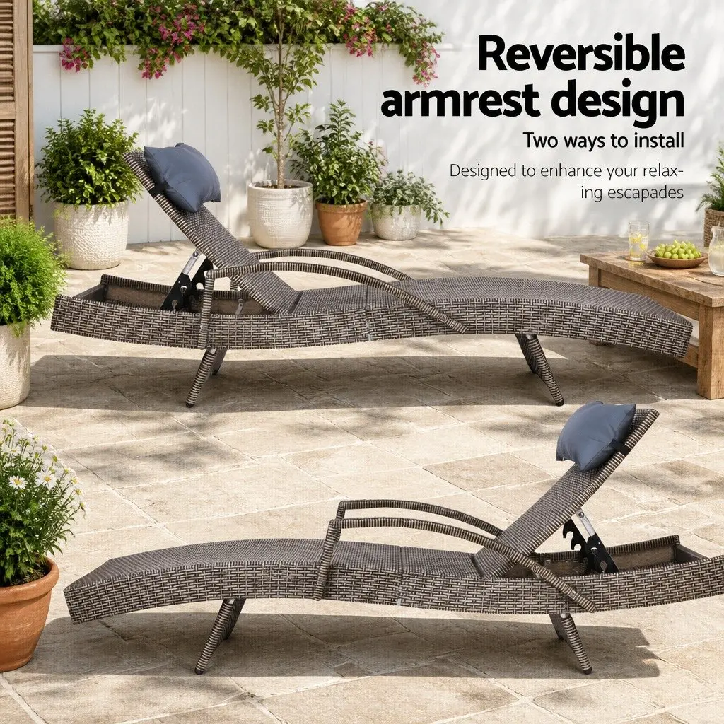 Sun Lounge Aluminium PE Wicker Adjustable Recliner Grey Beige 190cm x 70cm x 75cm