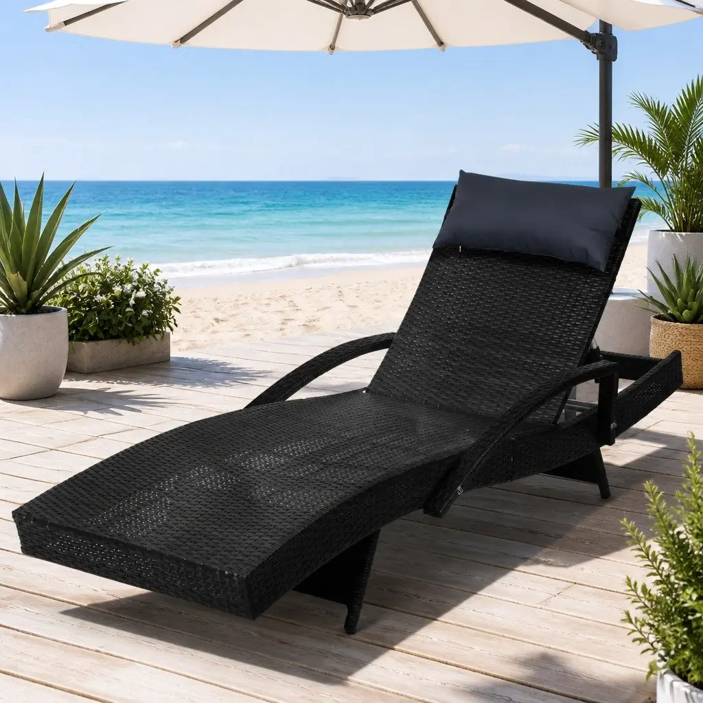 Black Outdoor Wicker Lounge Chair with Adjustable Backrest