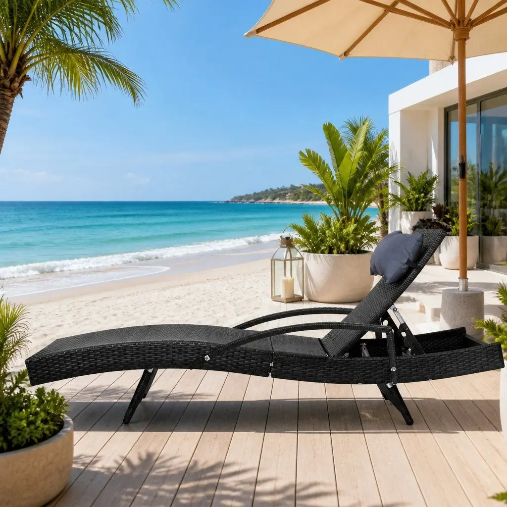 Black Outdoor Wicker Lounge Chair with Adjustable Backrest