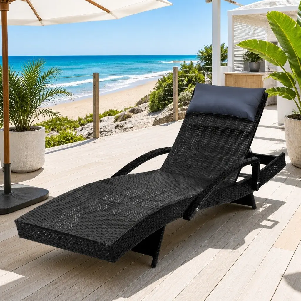 Black Outdoor Wicker Lounge Chair with Adjustable Backrest