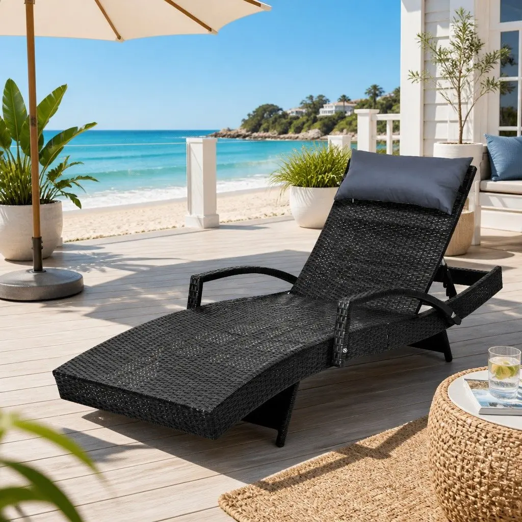 Black Outdoor Wicker Lounge Chair with Adjustable Backrest