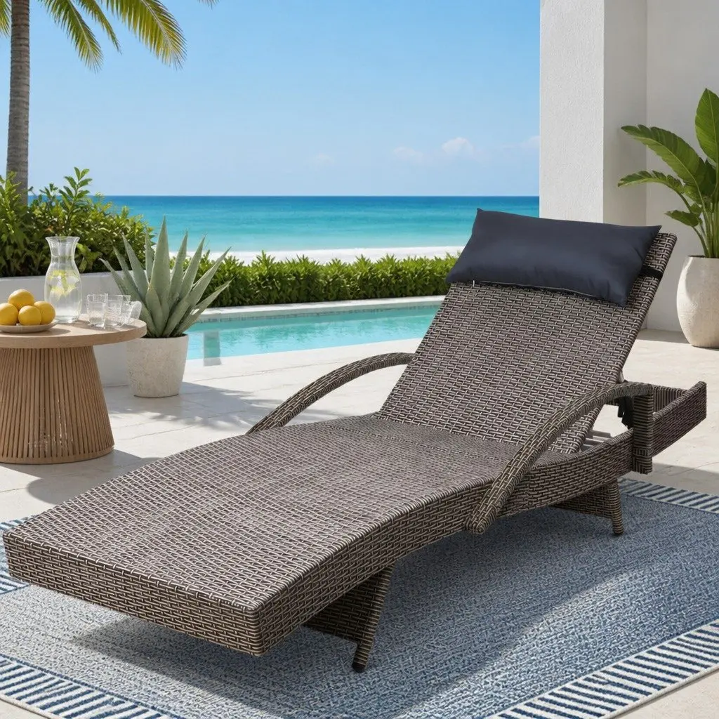 Grey Beige Adjustable Outdoor Sun Lounge Recliner