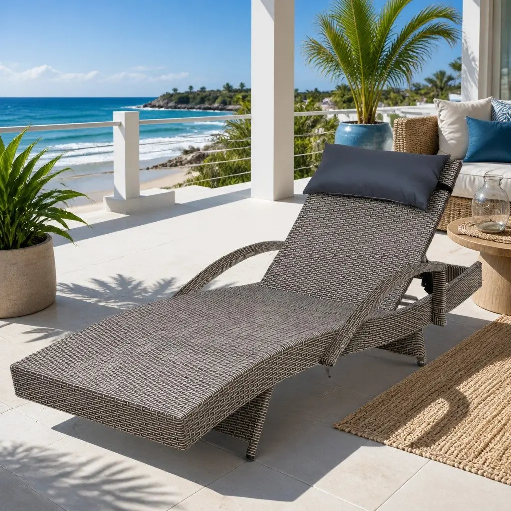 Grey Beige Adjustable Outdoor Sun Lounge Recliner
