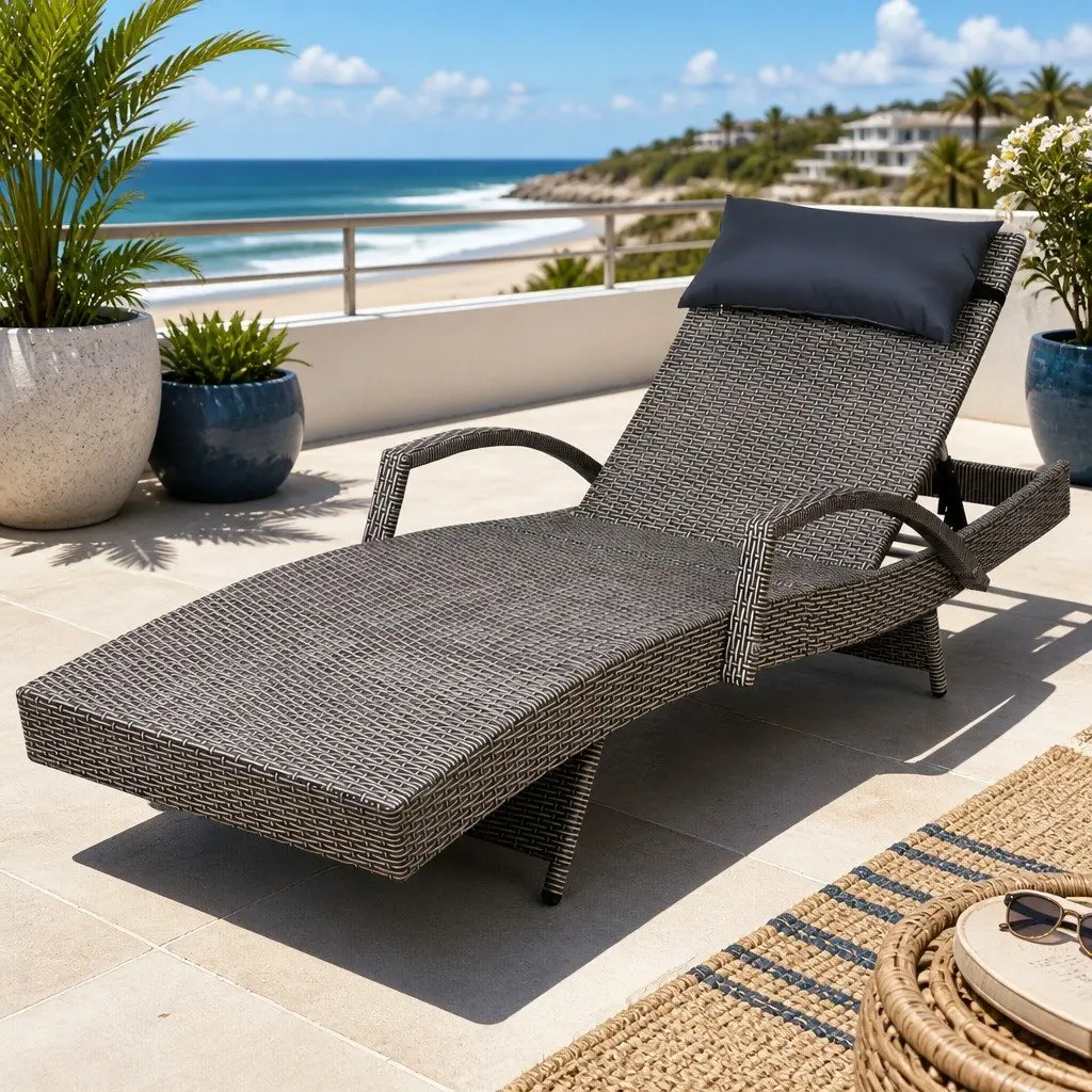 Grey Beige Adjustable Outdoor Sun Lounge Recliner