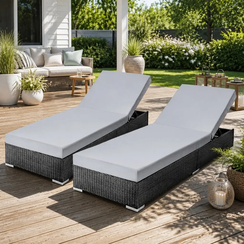 2PC Wicker Sun Lounge with Cushion Reclining Day
