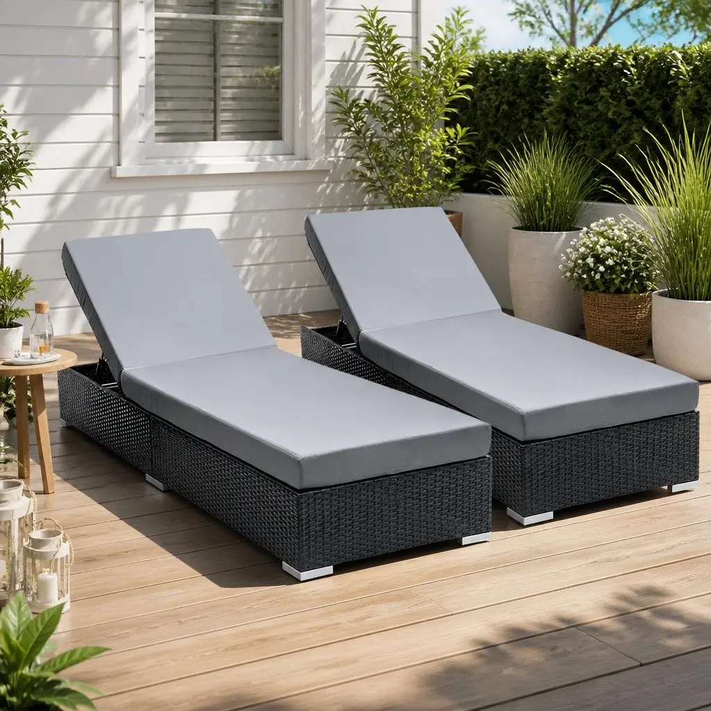 2PC Wicker Sun Lounge with Cushion Reclining Day