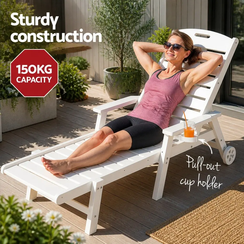 Adjustable Sun Lounger with Wheels and Cup Holder