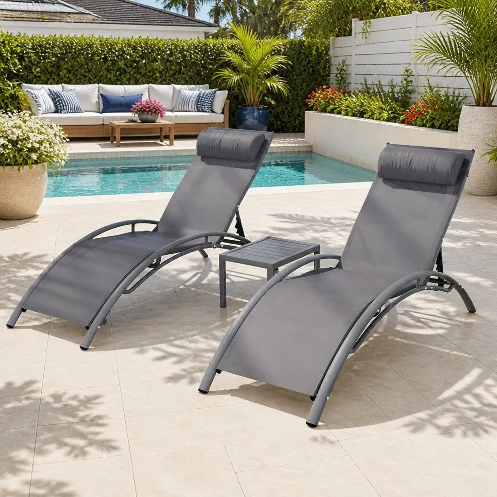 Outdoor Lounge Set Steel Frame Textilene 3 Piece Adjustable Sun Lounger Chair Table Grey