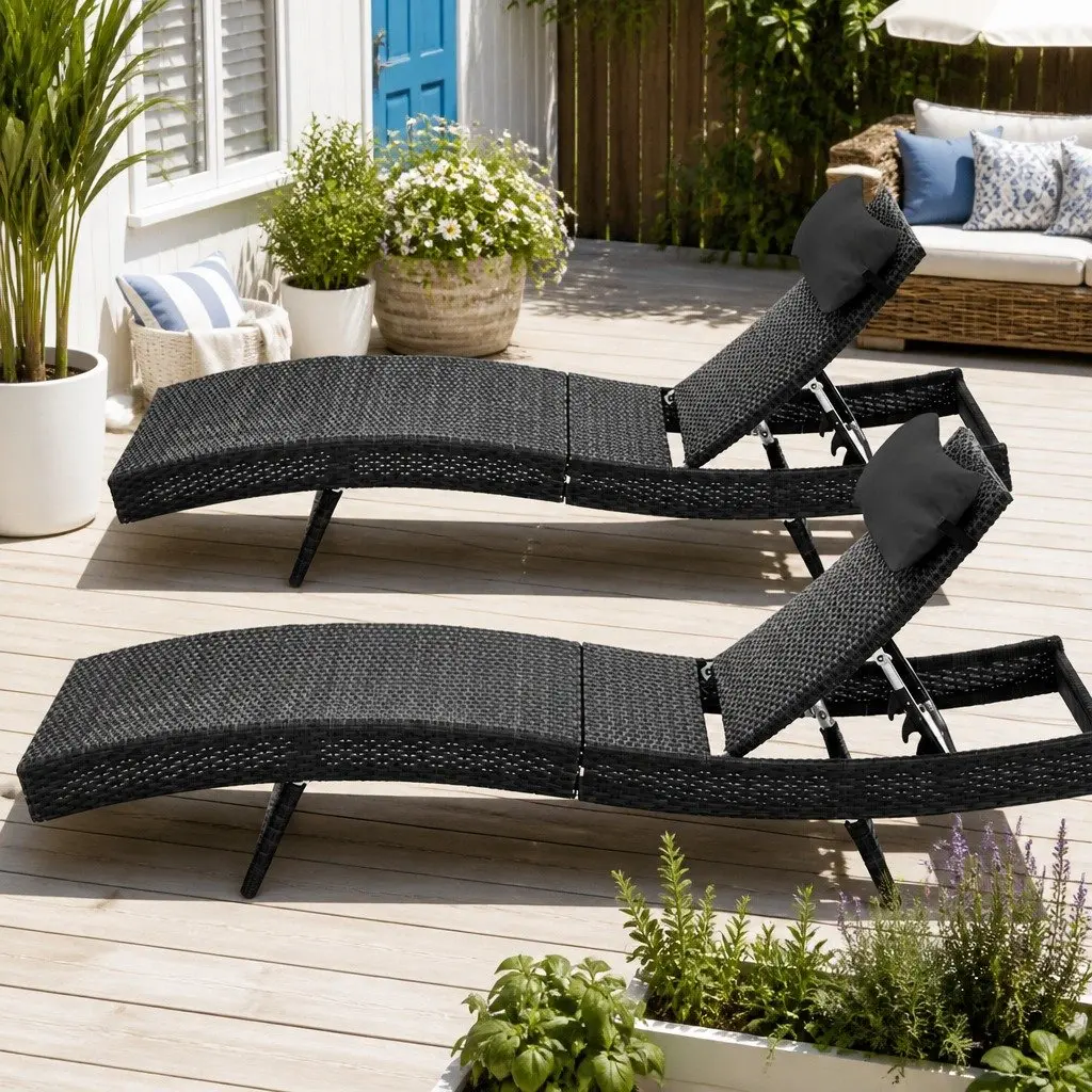 Sun Lounge Chair Aluminium PE Wicker 190cm Black Grey 2PC Outdoor Adjustable Lounger Garden Furniture