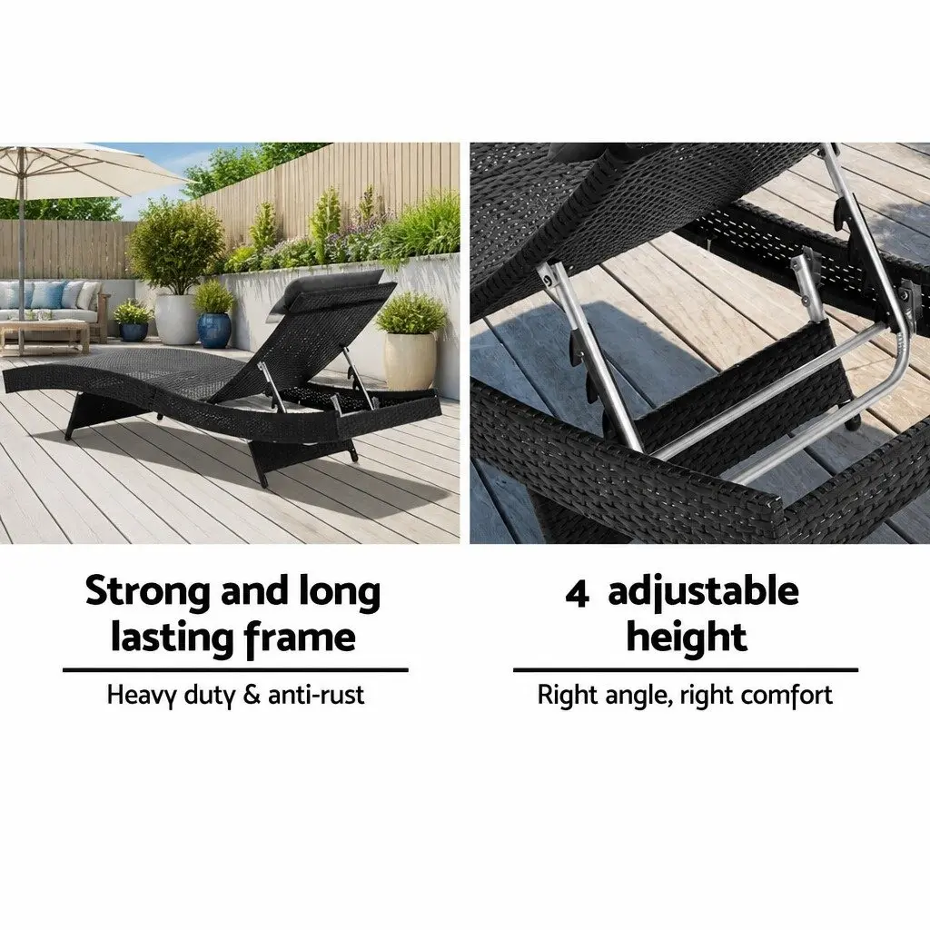 Sun Lounge Chair Aluminium PE Wicker 190cm Black Grey 2PC Outdoor Adjustable Lounger Garden Furniture
