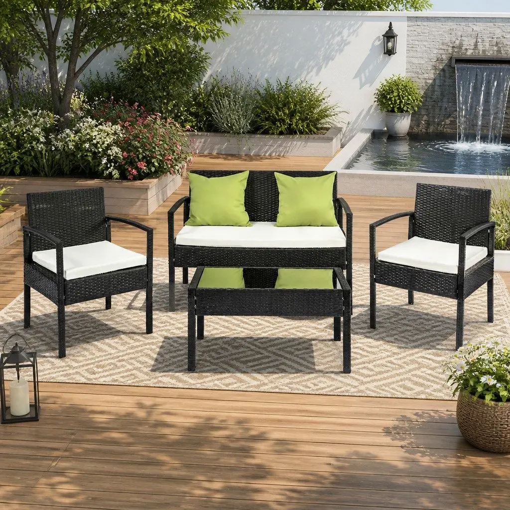 Outdoor Sofa Set Aluminium Wicker 4 Seater Black Lime Green Coffee Table
