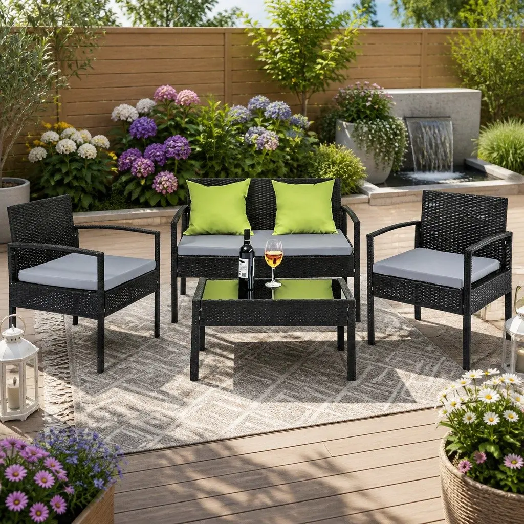 Outdoor Sofa Set Aluminium Wicker 4 Seater Black Lime Green Coffee Table