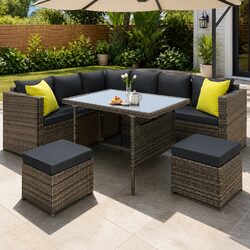 Sturdy Grey Wicker Outdoor Dining Sofa Set with Table