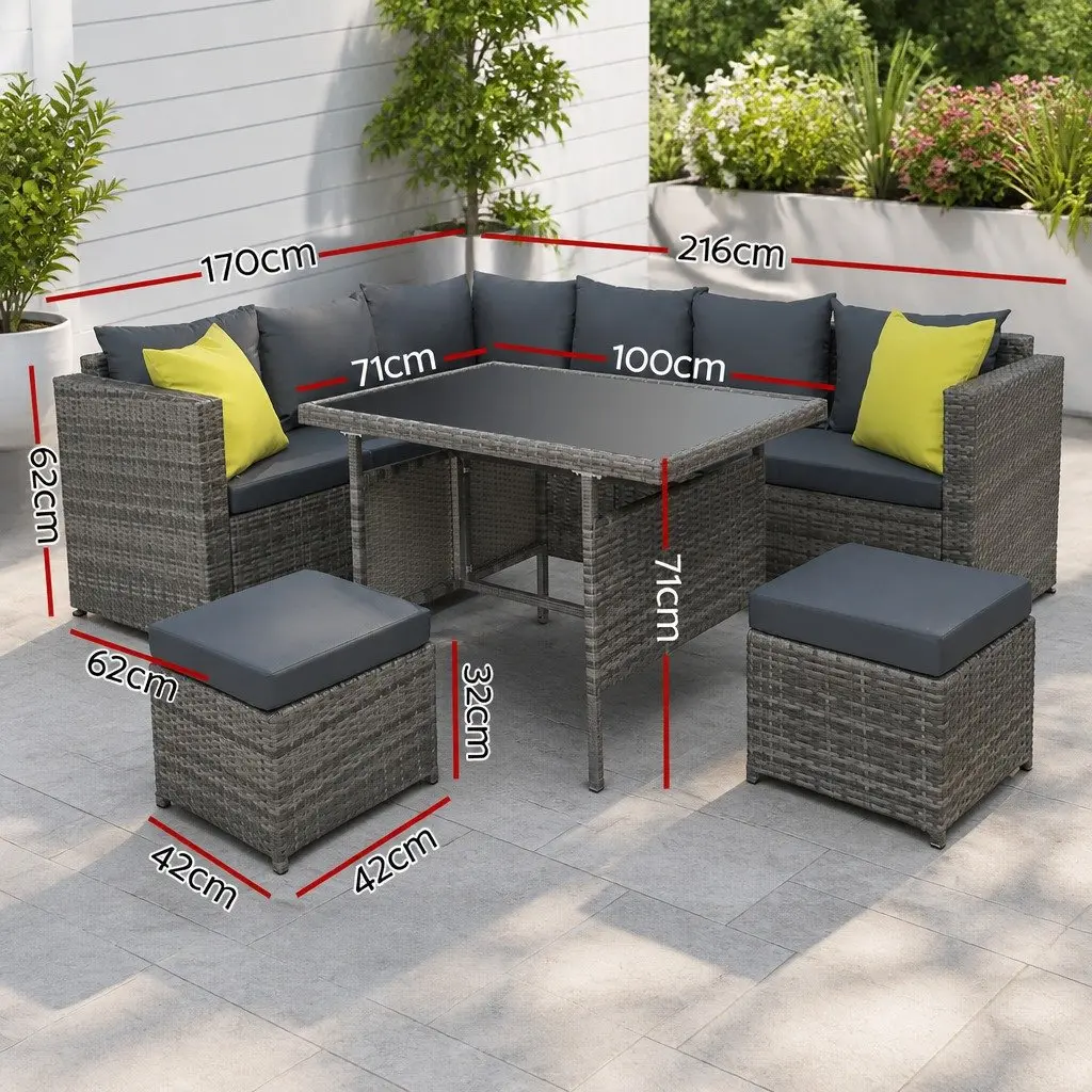 Grey Wicker Outdoor Dining Sofa Set with Table