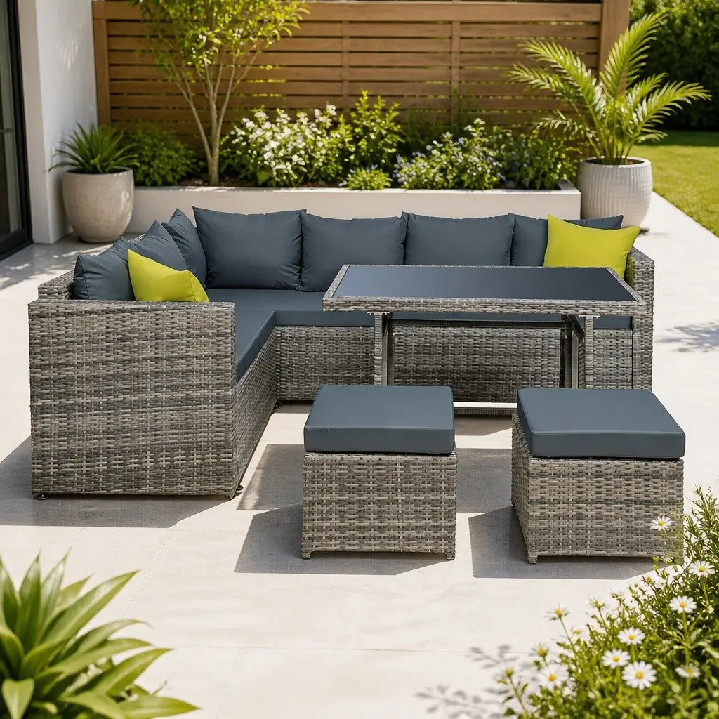 Grey Wicker Outdoor Dining Sofa Set with Table