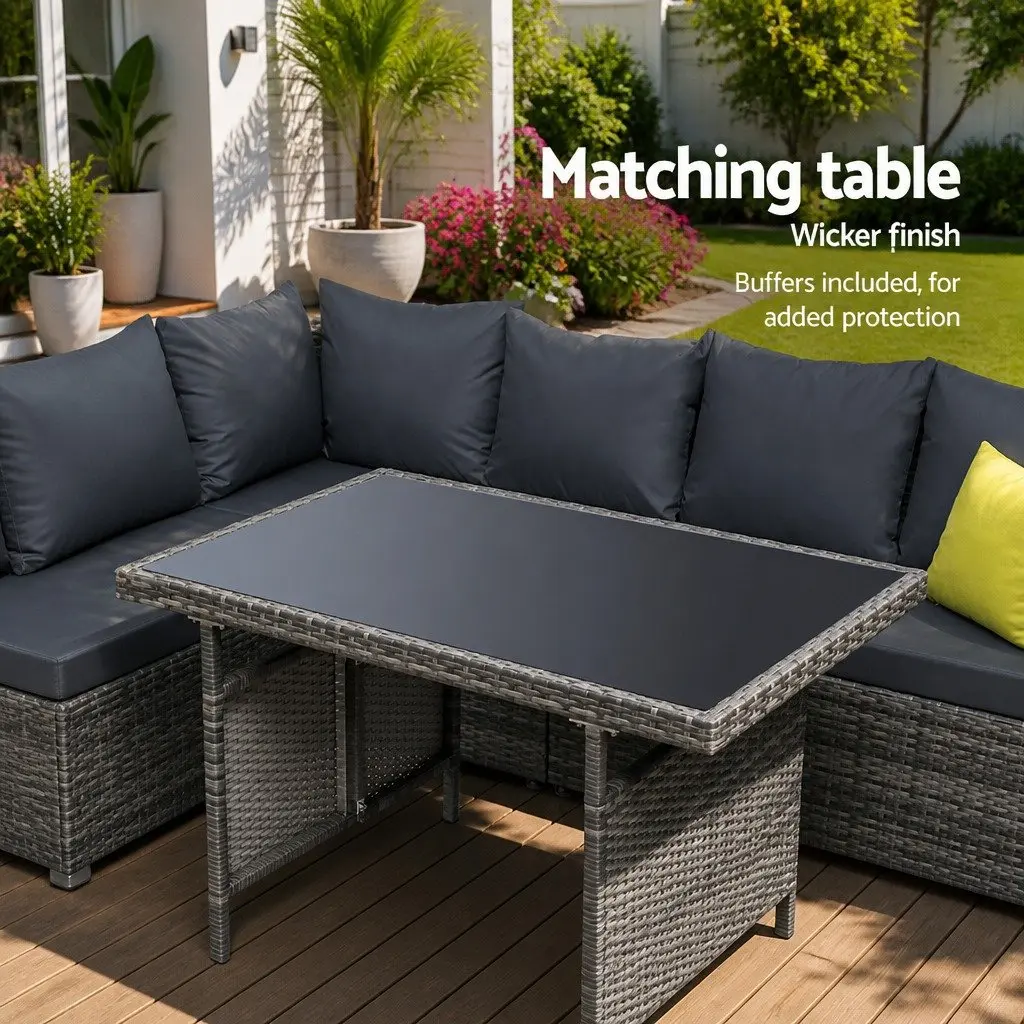 Grey Wicker Outdoor Dining Sofa Set with Table