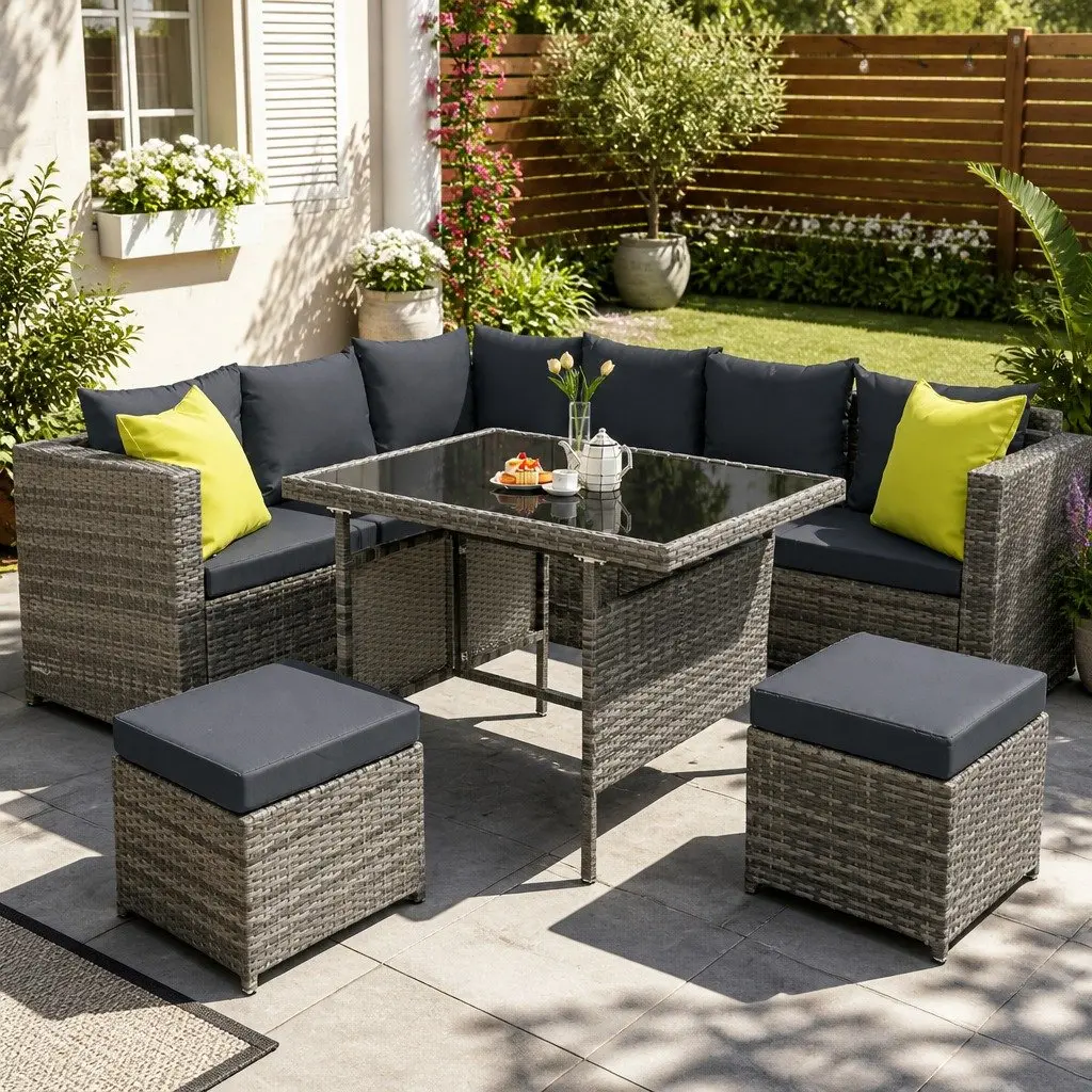 Grey Wicker Outdoor Dining Sofa Set with Table